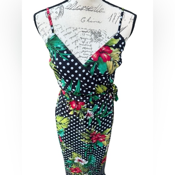 AQUA Tropical Floral Maxi Dress, Black and White Poka Dot Size Small - Picture 2 of 10